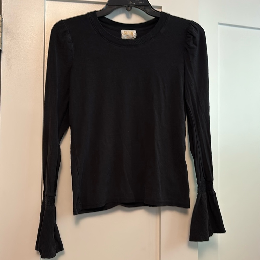 Nation LTD black thin long sleeve t shirt with bell sleeves at the wrist